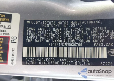 2015 Toyota Camry Le from USA, damaged, VIN 4T1BF1FK2FU936706
